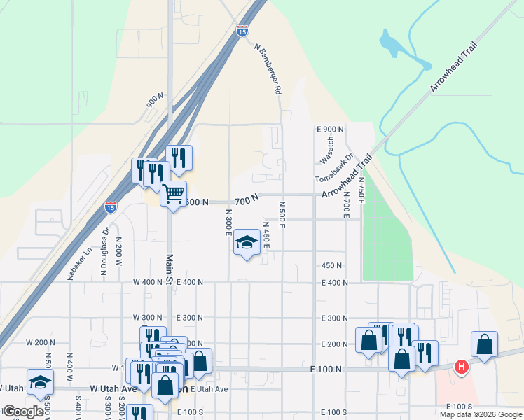 map of restaurants, bars, coffee shops, grocery stores, and more near 435 East 600 North in Payson
