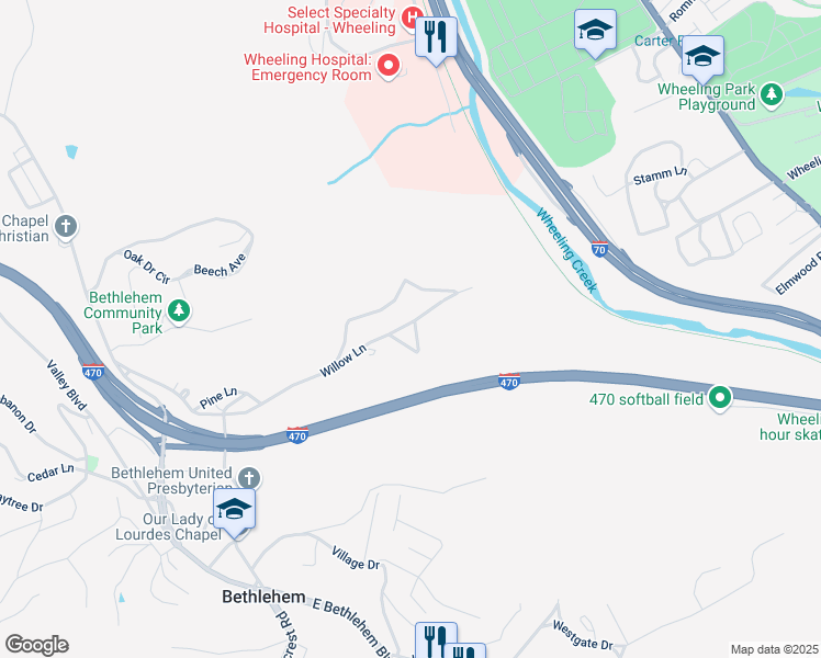 map of restaurants, bars, coffee shops, grocery stores, and more near 270 Willow Lane in Wheeling