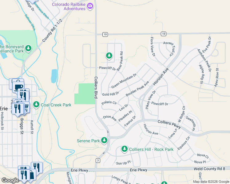 map of restaurants, bars, coffee shops, grocery stores, and more near 496 Gold Hill Drive in Erie