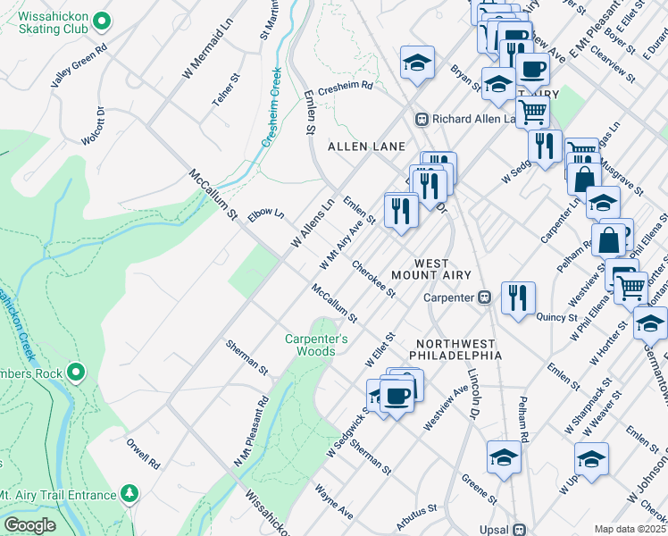 map of restaurants, bars, coffee shops, grocery stores, and more near 510 West Mount Airy Avenue in Philadelphia