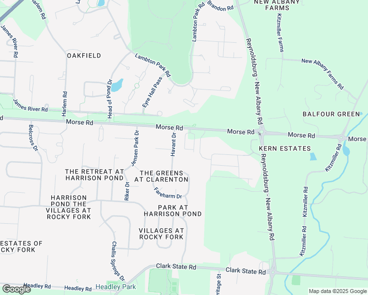map of restaurants, bars, coffee shops, grocery stores, and more near 6579 Morse Road in New Albany
