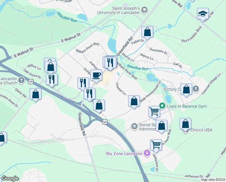 map of restaurants, bars, coffee shops, grocery stores, and more near 1861 Charter Lane in Lancaster