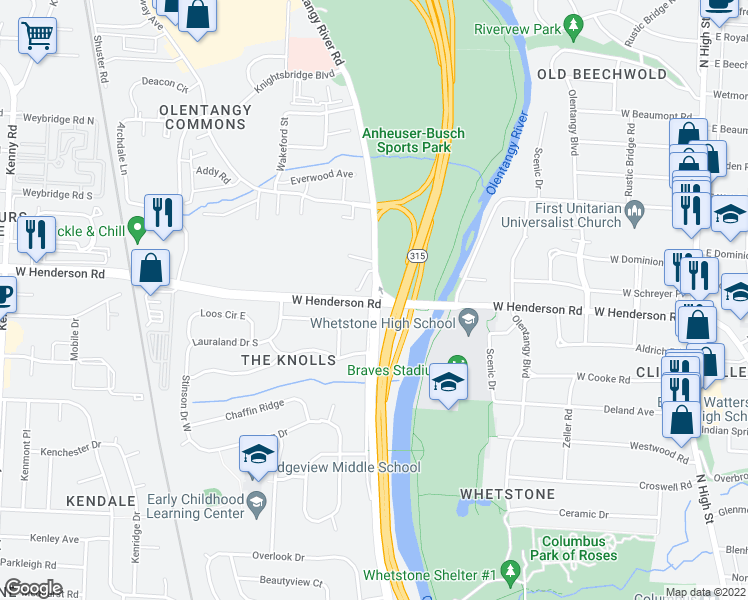 map of restaurants, bars, coffee shops, grocery stores, and more near Olentangy River Rd & W Henderson Rd in Columbus