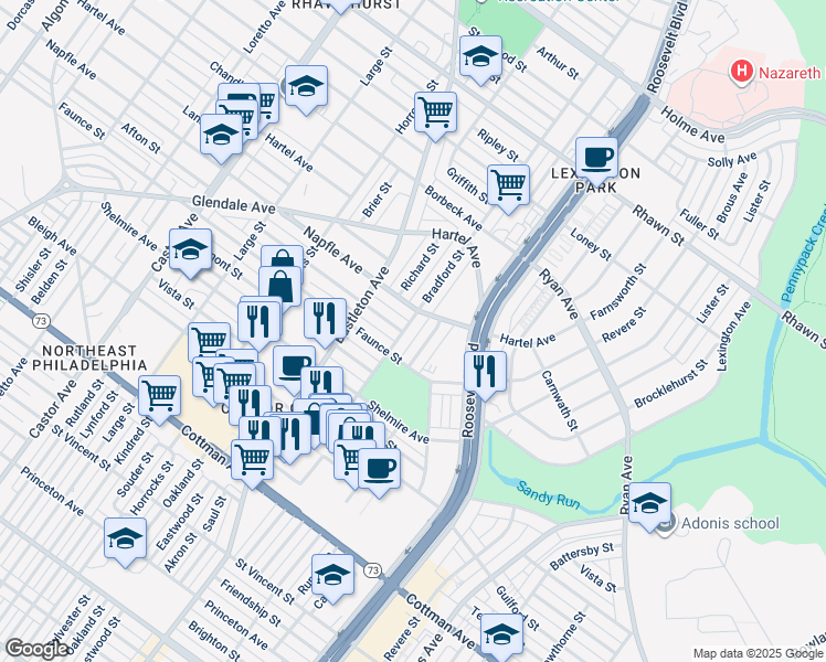 map of restaurants, bars, coffee shops, grocery stores, and more near 7621 Bradford Street in Philadelphia