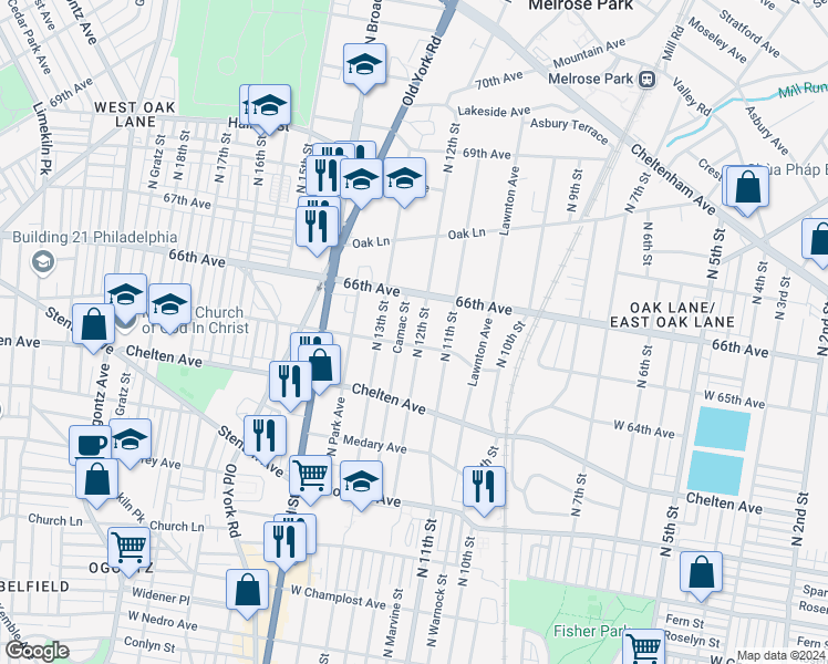 map of restaurants, bars, coffee shops, grocery stores, and more near 6504 North 12th Street in Philadelphia