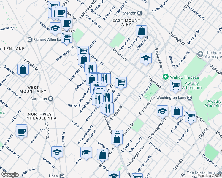 map of restaurants, bars, coffee shops, grocery stores, and more near 72 East Hortter Street in Philadelphia
