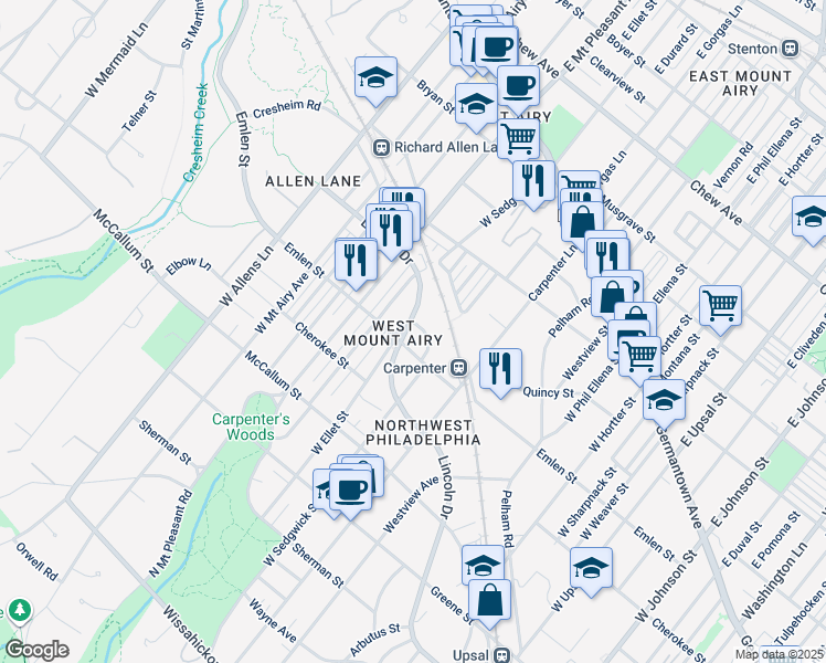 map of restaurants, bars, coffee shops, grocery stores, and more near 7027 Lincoln Drive in Philadelphia