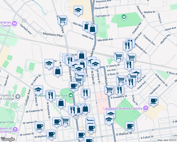 map of restaurants, bars, coffee shops, grocery stores, and more near 36 East Liberty Street in Lancaster
