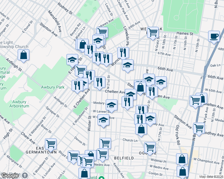map of restaurants, bars, coffee shops, grocery stores, and more near 2034 East Chelten Avenue in Philadelphia