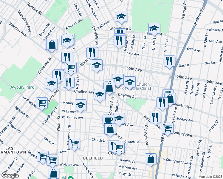 map of restaurants, bars, coffee shops, grocery stores, and more near 6418 Ogontz Avenue in Philadelphia