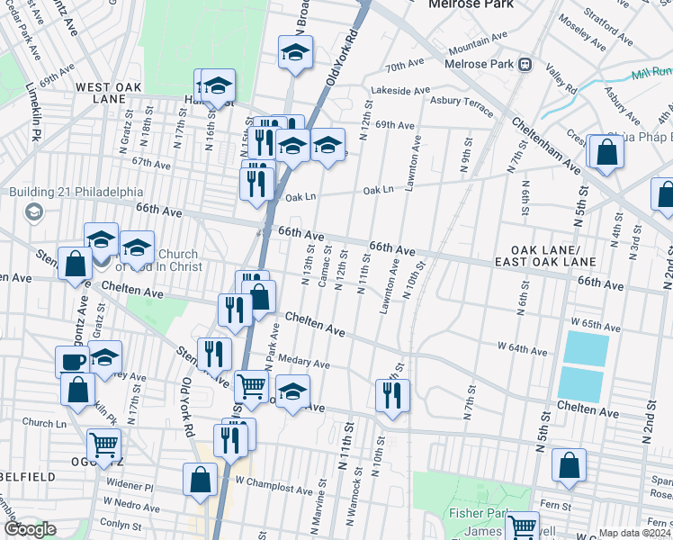 map of restaurants, bars, coffee shops, grocery stores, and more near 6504 North 12th Street in Philadelphia