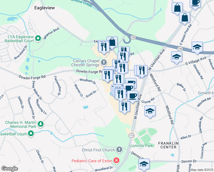 map of restaurants, bars, coffee shops, grocery stores, and more near 180 Eagleview Boulevard in Exton