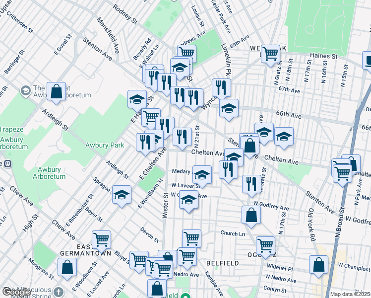 map of restaurants, bars, coffee shops, grocery stores, and more near 2120 East Chelten Avenue in Philadelphia