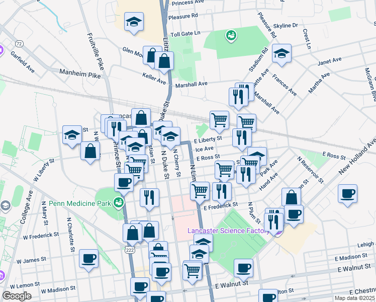 map of restaurants, bars, coffee shops, grocery stores, and more near 924 North Lime Street in Lancaster