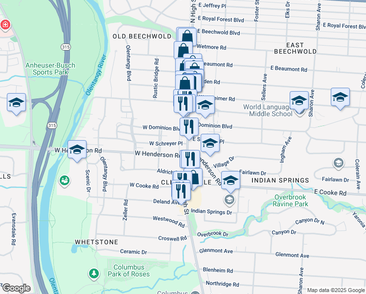 map of restaurants, bars, coffee shops, grocery stores, and more near 8 West Henderson Road in Columbus