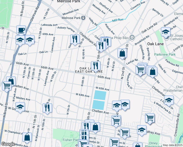 map of restaurants, bars, coffee shops, grocery stores, and more near 521 66th Avenue in Philadelphia