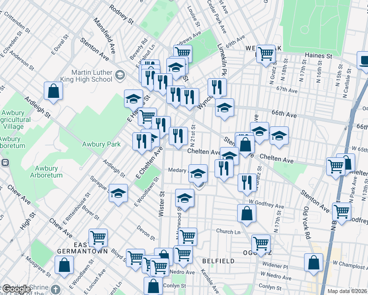 map of restaurants, bars, coffee shops, grocery stores, and more near 6337 North Norwood Street in Philadelphia