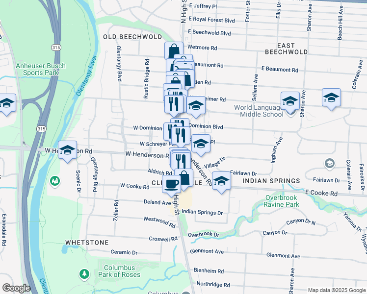 map of restaurants, bars, coffee shops, grocery stores, and more near 25A Cooke Way in Columbus