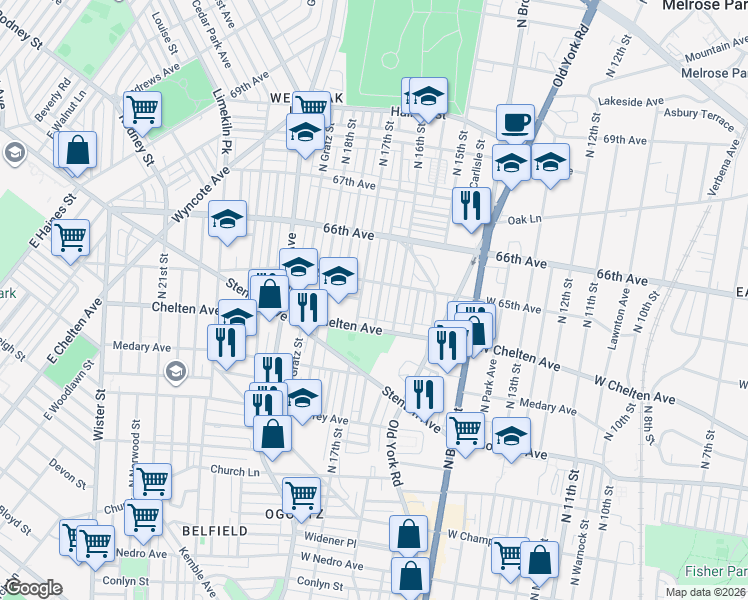 map of restaurants, bars, coffee shops, grocery stores, and more near 6418 North 16th Street in Philadelphia