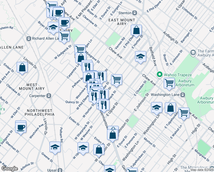 map of restaurants, bars, coffee shops, grocery stores, and more near 89 East Montana Street in Philadelphia