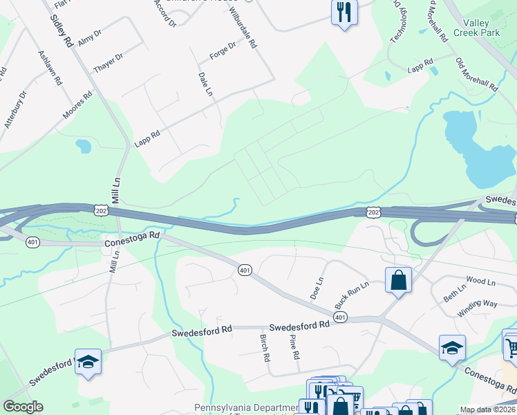 map of restaurants, bars, coffee shops, grocery stores, and more near U.S. 202 in Malvern