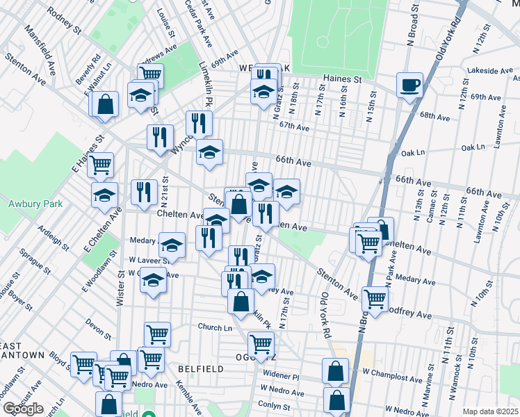 map of restaurants, bars, coffee shops, grocery stores, and more near 6401 Ogontz Ave in Philadelphia