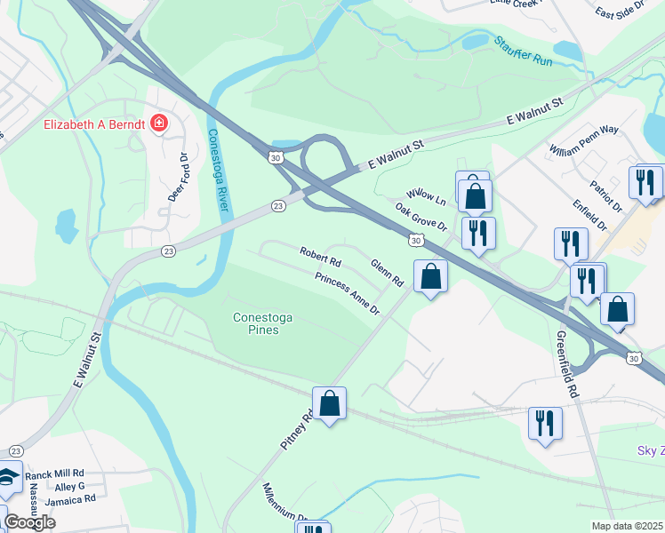 map of restaurants, bars, coffee shops, grocery stores, and more near 1608 Robert Road in Lancaster