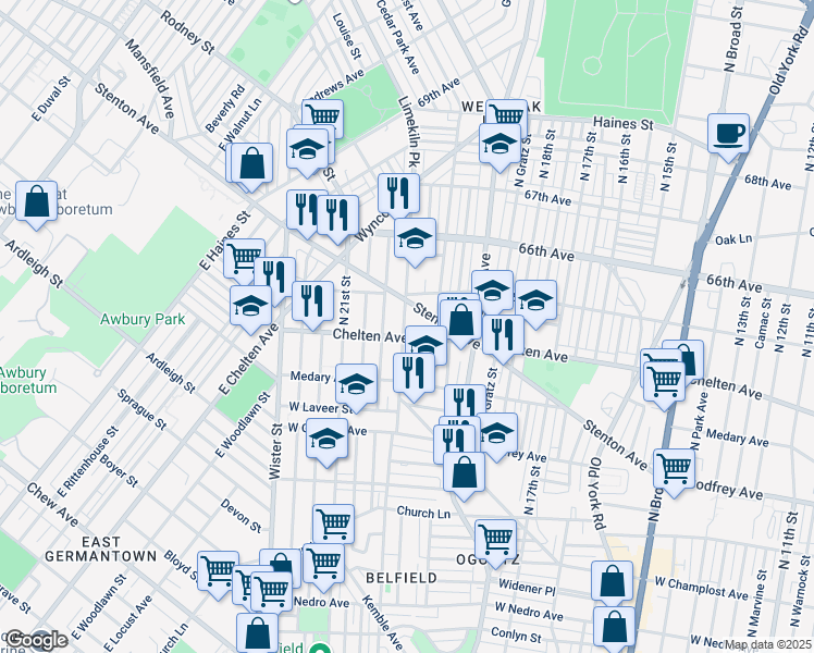 map of restaurants, bars, coffee shops, grocery stores, and more near 6429 Limekiln Pike in Philadelphia