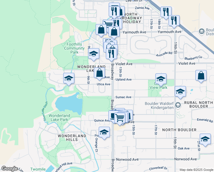 map of restaurants, bars, coffee shops, grocery stores, and more near 1071 Utica Circle in Boulder