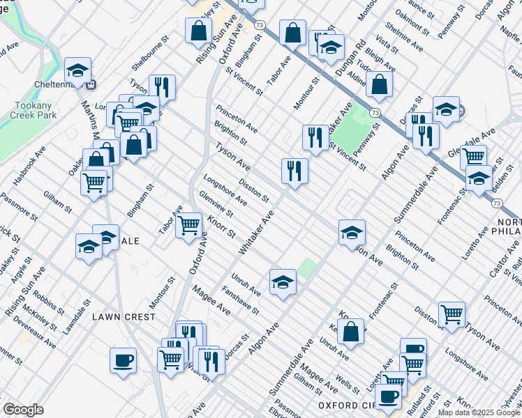 map of restaurants, bars, coffee shops, grocery stores, and more near 835 Longshore Avenue in Philadelphia