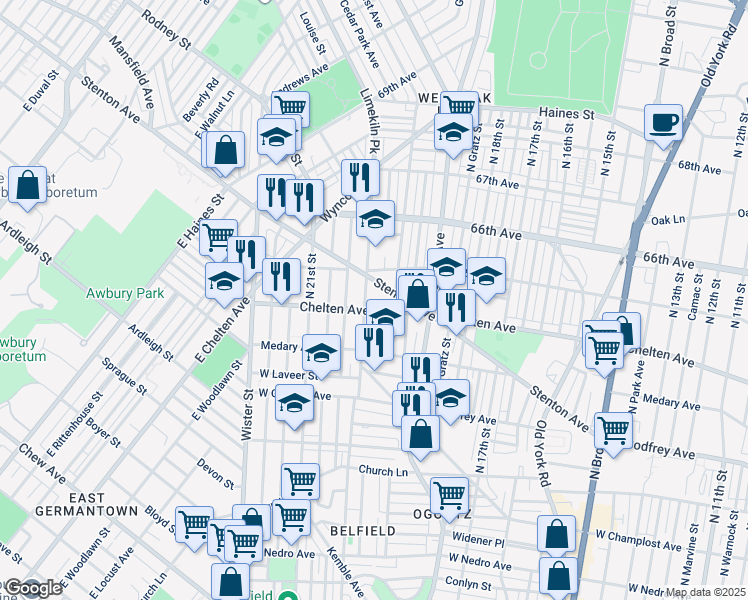 map of restaurants, bars, coffee shops, grocery stores, and more near 6413 Limekiln Pike in Philadelphia