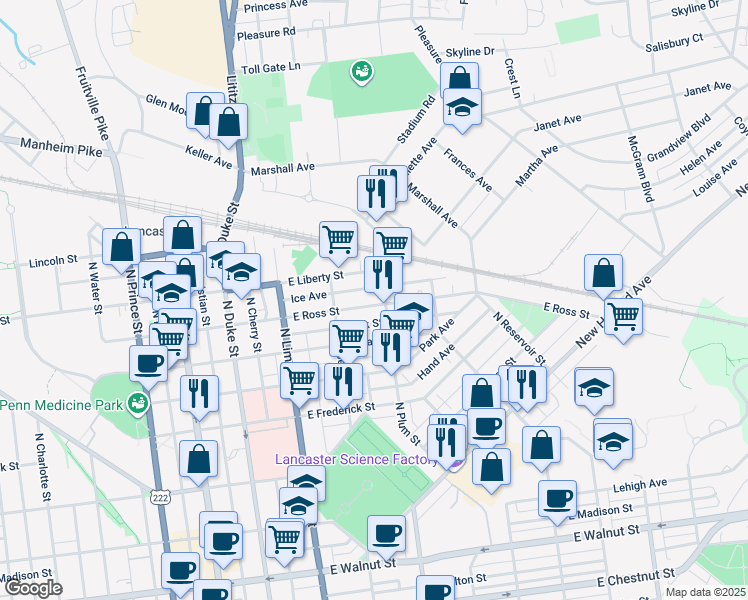 map of restaurants, bars, coffee shops, grocery stores, and more near 349 East Ross Street in Lancaster