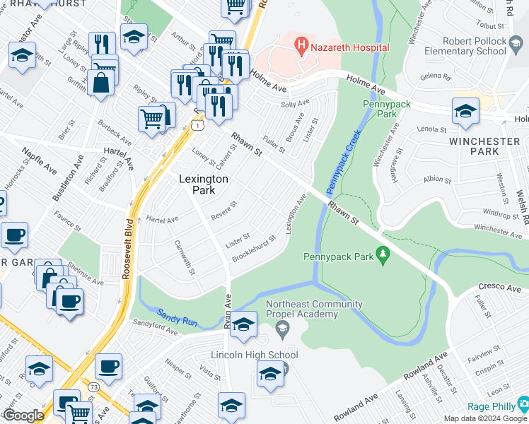 map of restaurants, bars, coffee shops, grocery stores, and more near 7844 Lister Street in Philadelphia