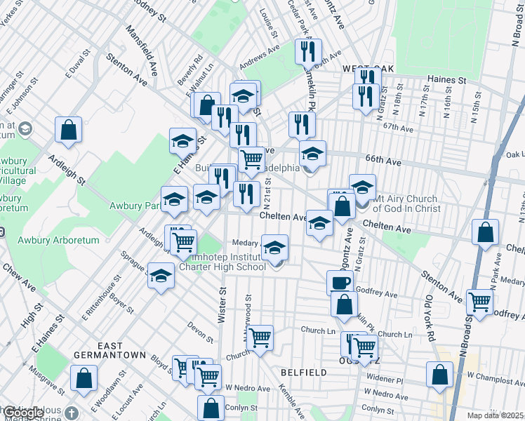 map of restaurants, bars, coffee shops, grocery stores, and more near 2103 East Chelten Avenue in Philadelphia