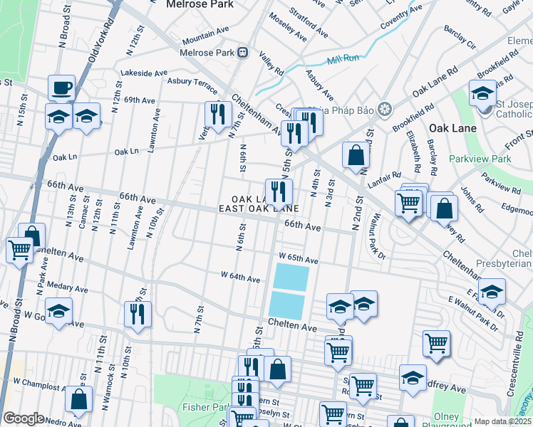 map of restaurants, bars, coffee shops, grocery stores, and more near 521 66th Avenue in Philadelphia