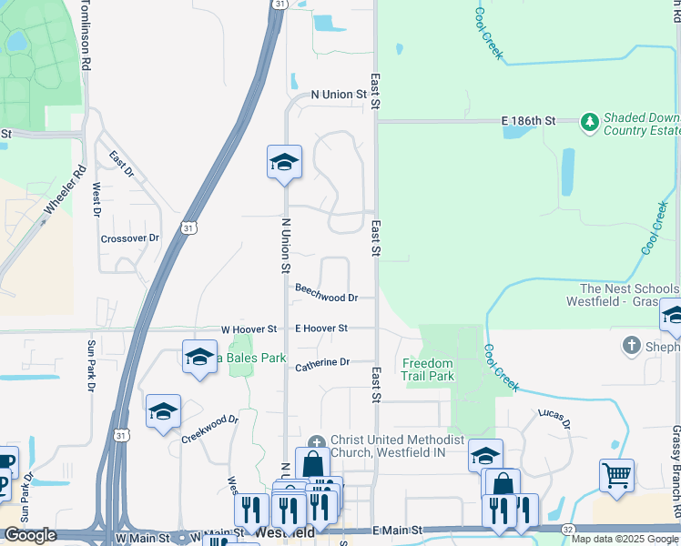map of restaurants, bars, coffee shops, grocery stores, and more near 220 Beechwood Drive in Westfield