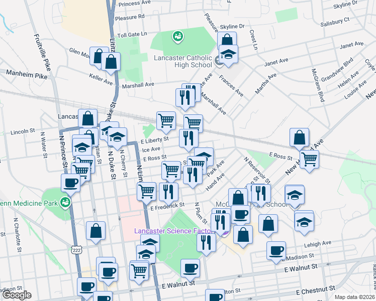 map of restaurants, bars, coffee shops, grocery stores, and more near 361 East Ross Street in Lancaster