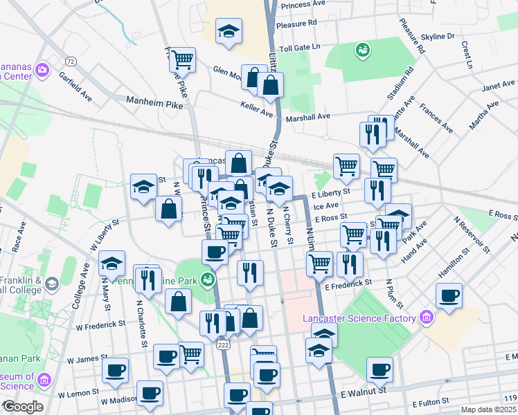 map of restaurants, bars, coffee shops, grocery stores, and more near 36 East Liberty Street in Lancaster
