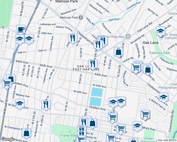 map of restaurants, bars, coffee shops, grocery stores, and more near 523 66th Ave in Philadelphia