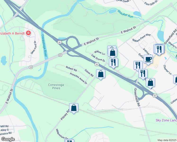 map of restaurants, bars, coffee shops, grocery stores, and more near 1657 Glenn Road in Lancaster