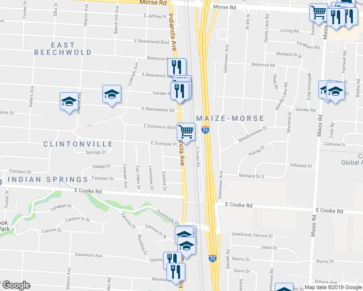 map of restaurants, bars, coffee shops, grocery stores, and more near Indianola Ave & E Schreyer Pl in Columbus