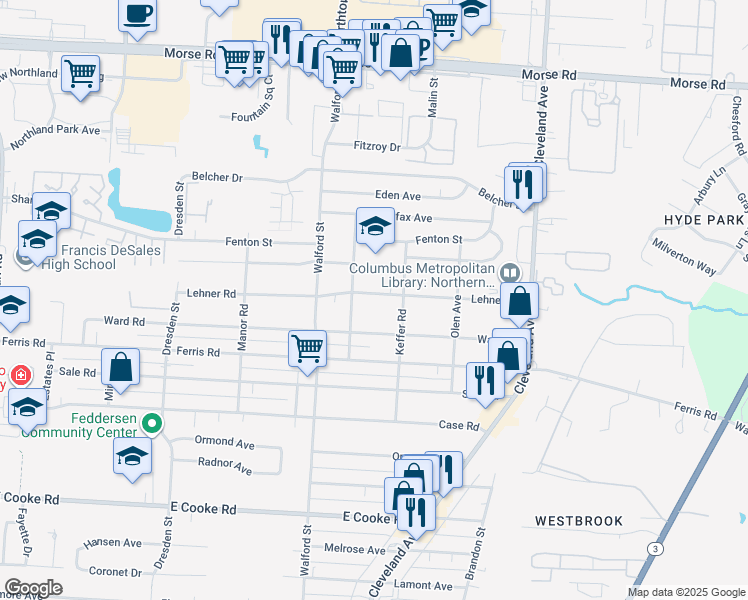map of restaurants, bars, coffee shops, grocery stores, and more near 2111 Lehner Road in Columbus