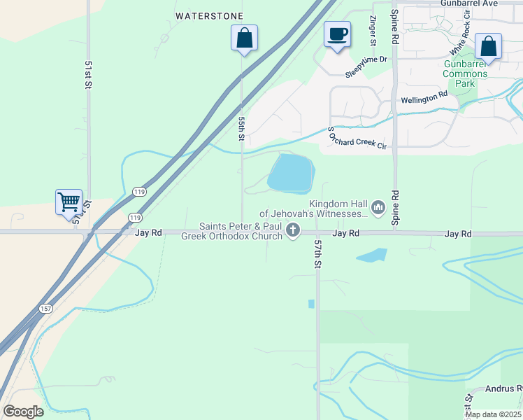 map of restaurants, bars, coffee shops, grocery stores, and more near 5501 Jay Road in Boulder