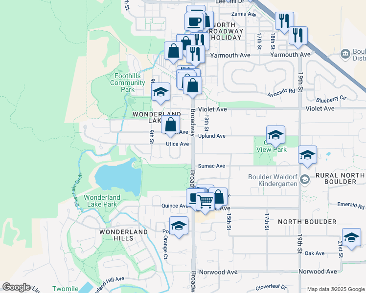 map of restaurants, bars, coffee shops, grocery stores, and more near 1071 Utica Circle in Boulder