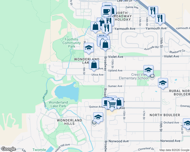 map of restaurants, bars, coffee shops, grocery stores, and more near 1071 Utica Circle in Boulder