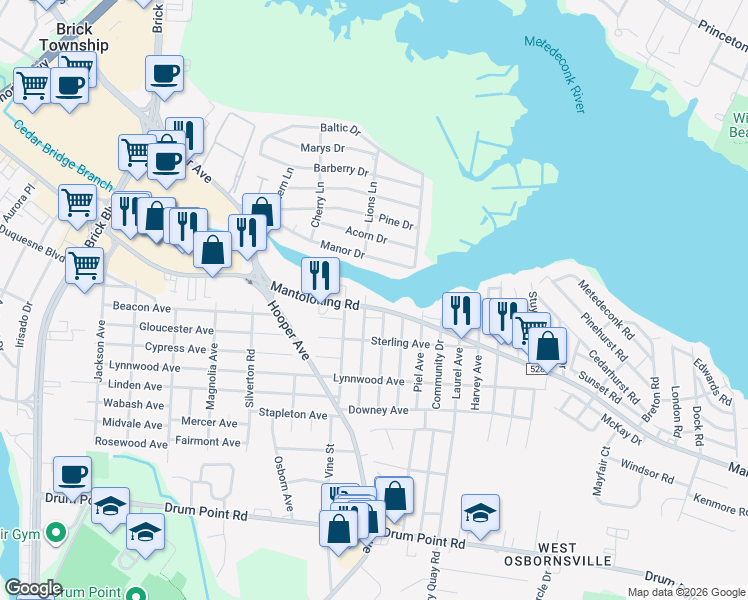 map of restaurants, bars, coffee shops, grocery stores, and more near 825 Mantoloking Road in Brick Township