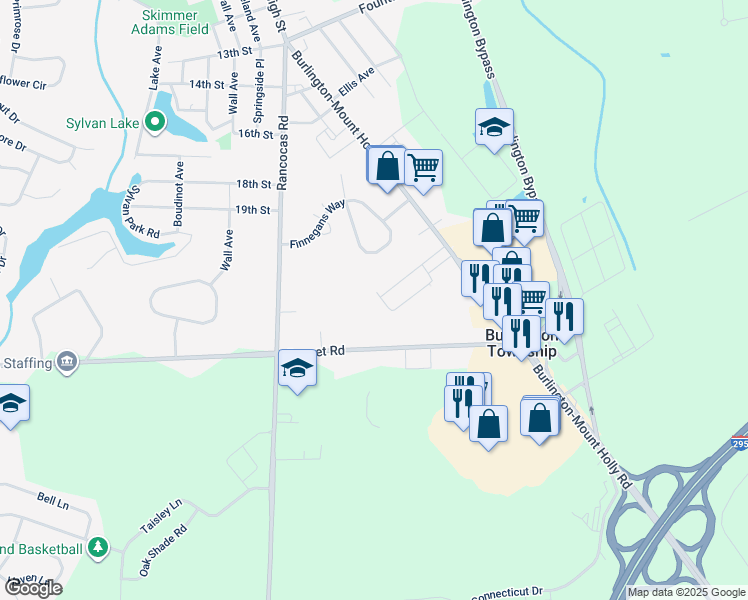 map of restaurants, bars, coffee shops, grocery stores, and more near 114 Sunset Road in Burlington
