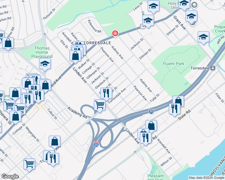 map of restaurants, bars, coffee shops, grocery stores, and more near 9234 Torresdale Avenue in Philadelphia