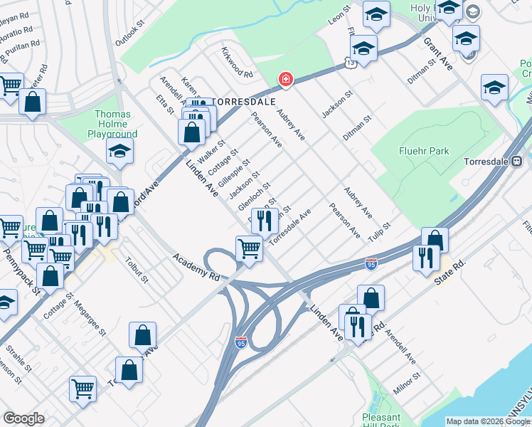 map of restaurants, bars, coffee shops, grocery stores, and more near 9208 Marsden Street in Philadelphia