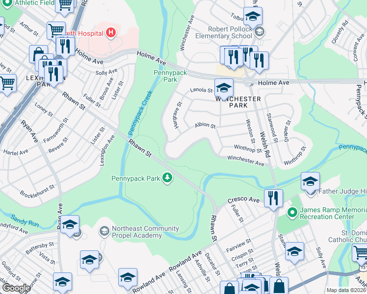 map of restaurants, bars, coffee shops, grocery stores, and more near 3025 Winchester Avenue in Philadelphia